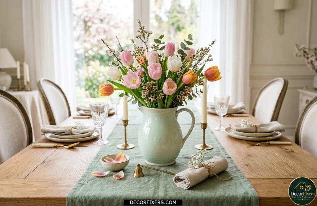 Spring tulip centerpiece arranged in a ceramic pitcher with linen runner