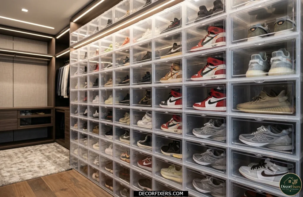 Stackable clear shoe boxes for organized storage
