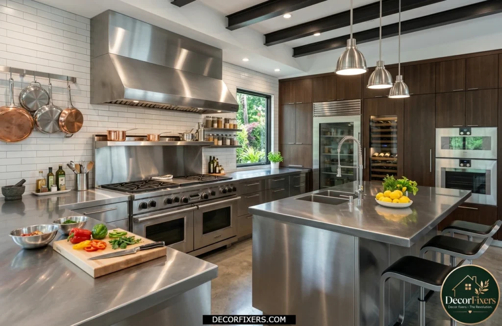 Professional chef-inspired kitchen with stainless steel countertops and commercial appliances
