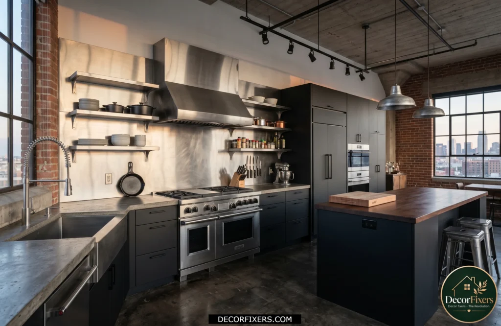 Brushed stainless steel backsplash panels in a sleek industrial-style kitchen.
