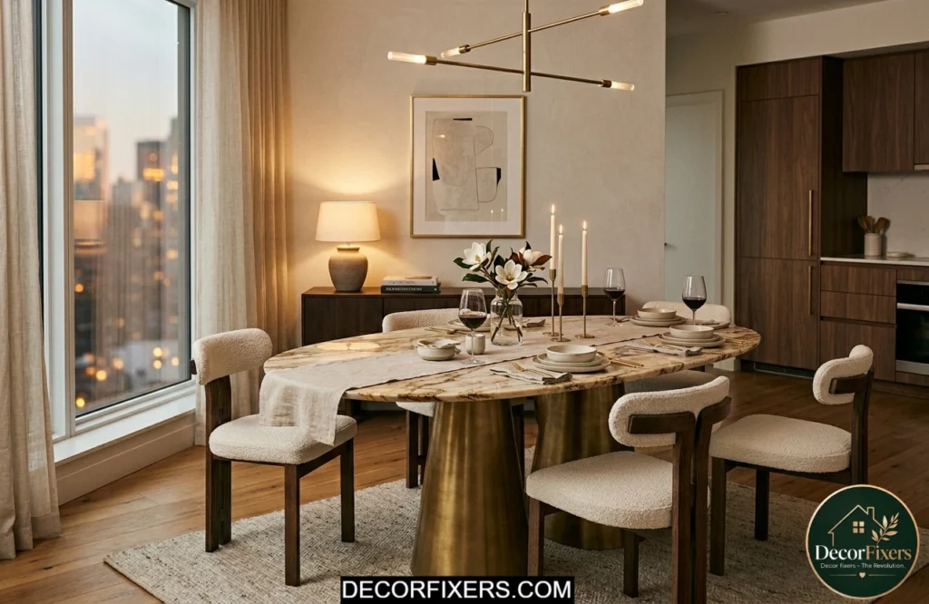 Tiny dining room ideas for apartments featuring a statement dining table