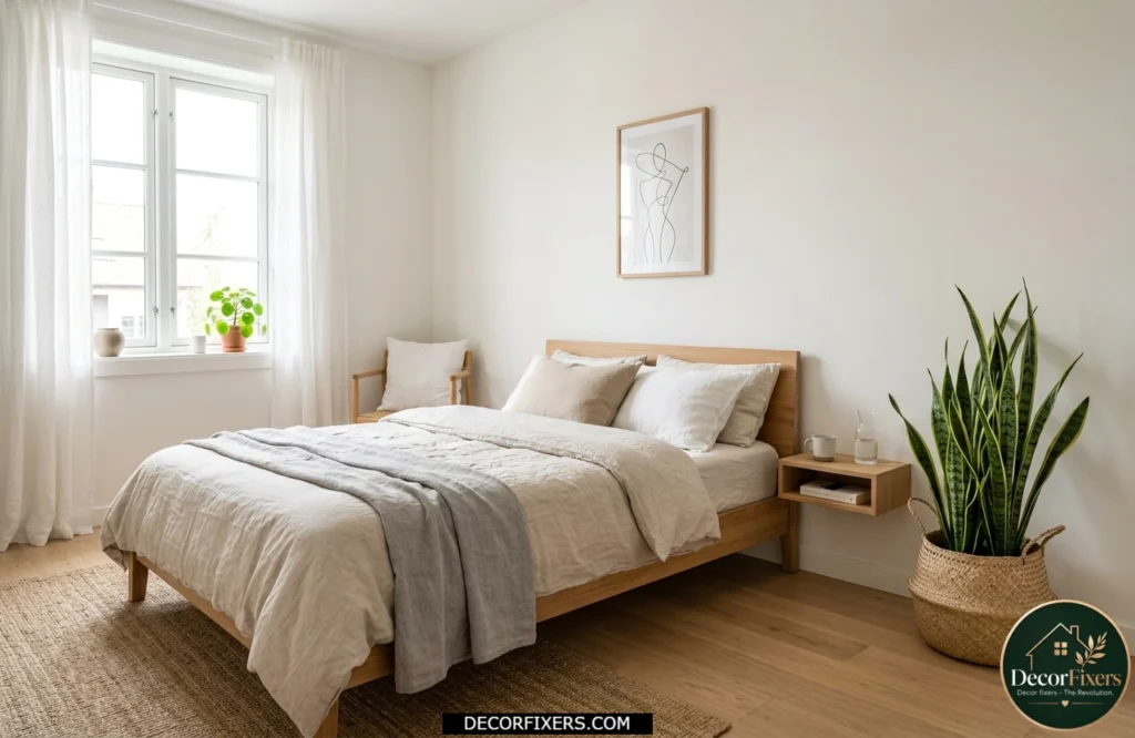 Minimalist Scandinavian bedroom with a single snake plant adding a natural focal point.