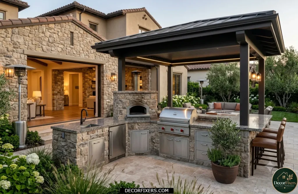 Stone-clad outdoor kitchen cabinetry matching the home exterior