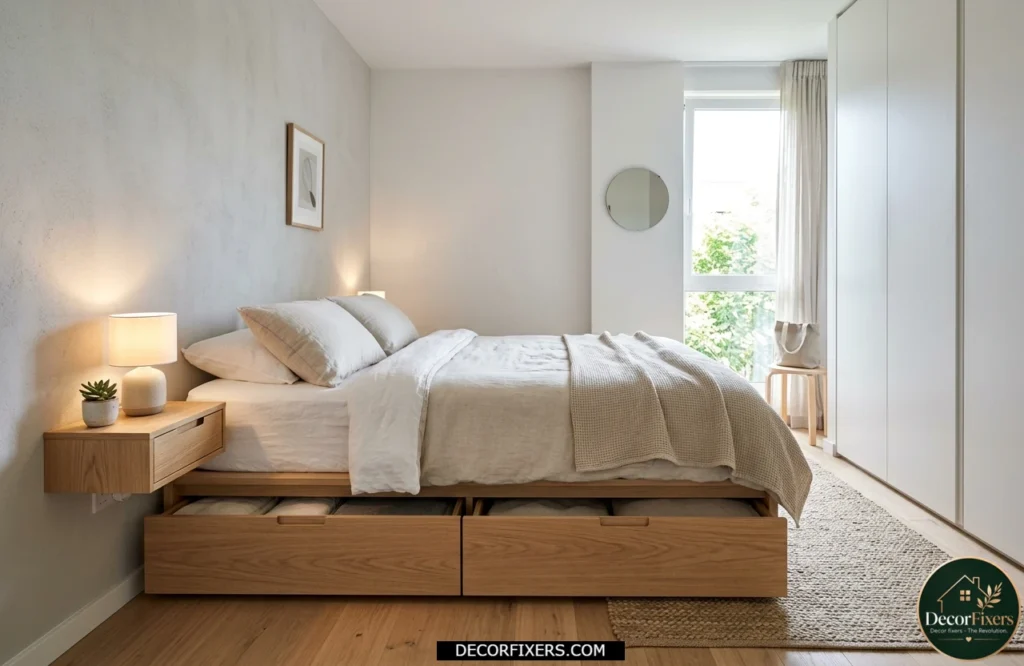 Small bedroom with a storage bed frame and built-in drawers for hidden organization.