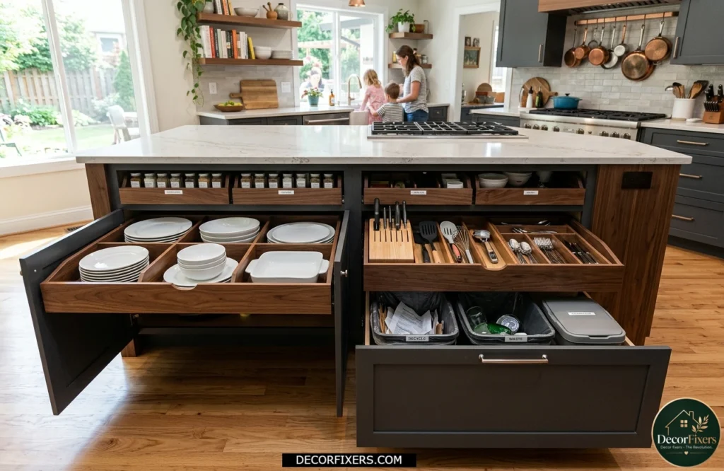 Kitchen island with deep storage drawers, organizers, and hidden compartments.