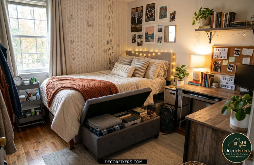 Storage ottoman in a dorm room providing seating and hidden storage.