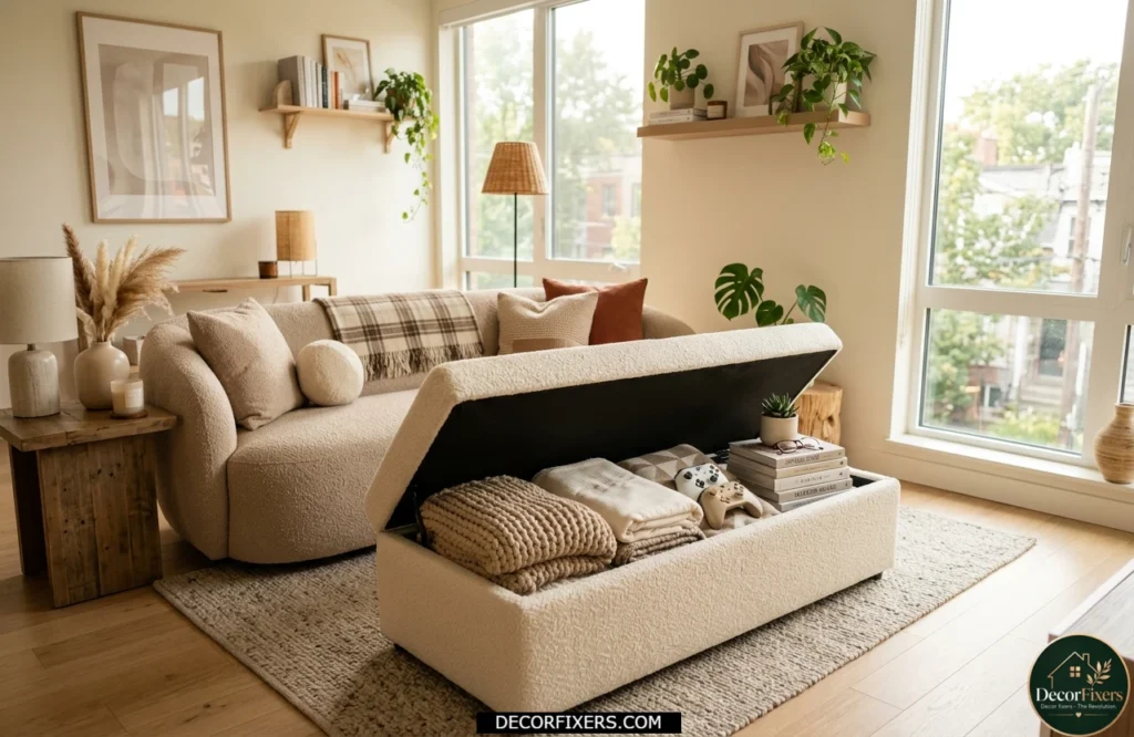 Storage ottoman providing hidden blanket and accessory storage in a small living room