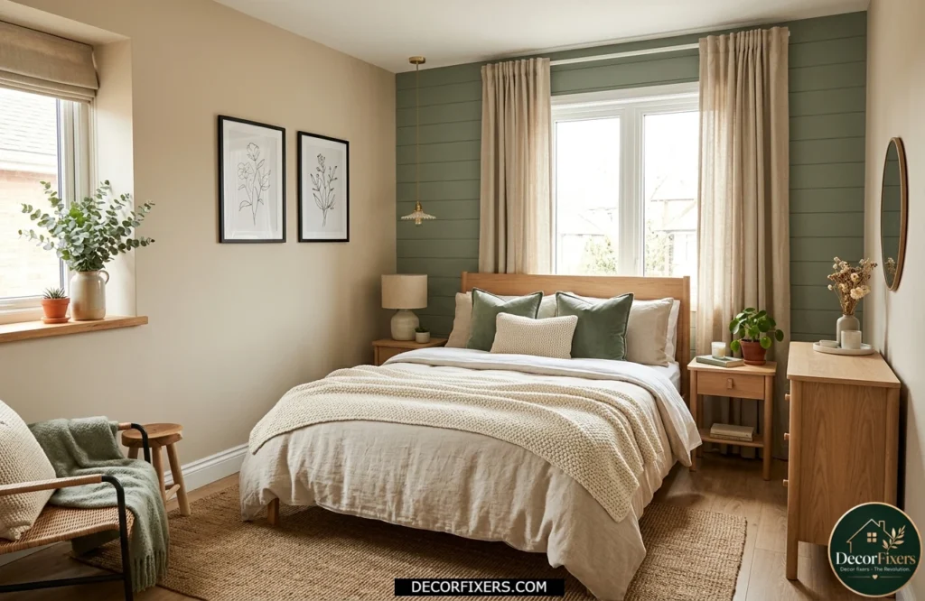 Cozy bedroom with warm string lights creating a canopy-style glow.