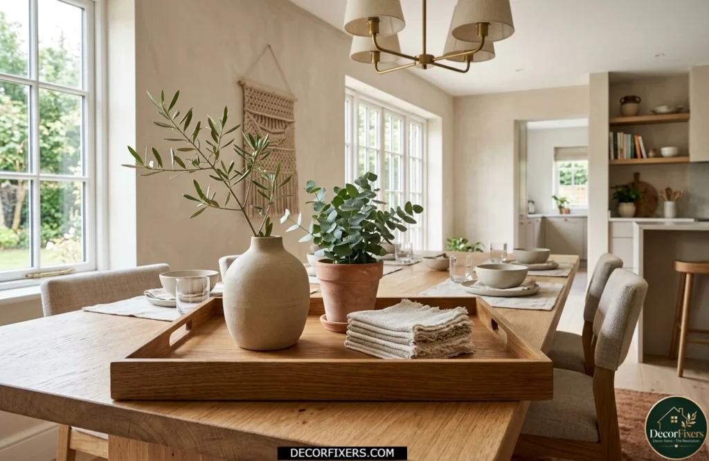 Styled wooden tray dining table centerpiece with candle, plant, and decorative accents