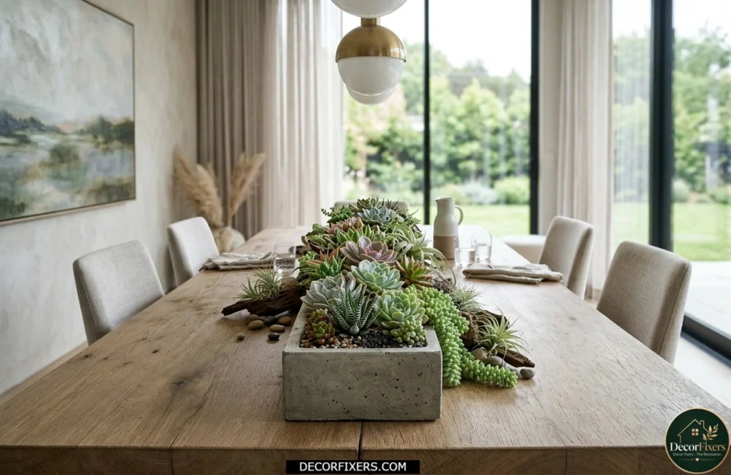 Succulent and air plant centerpiece displayed in a modern concrete planter