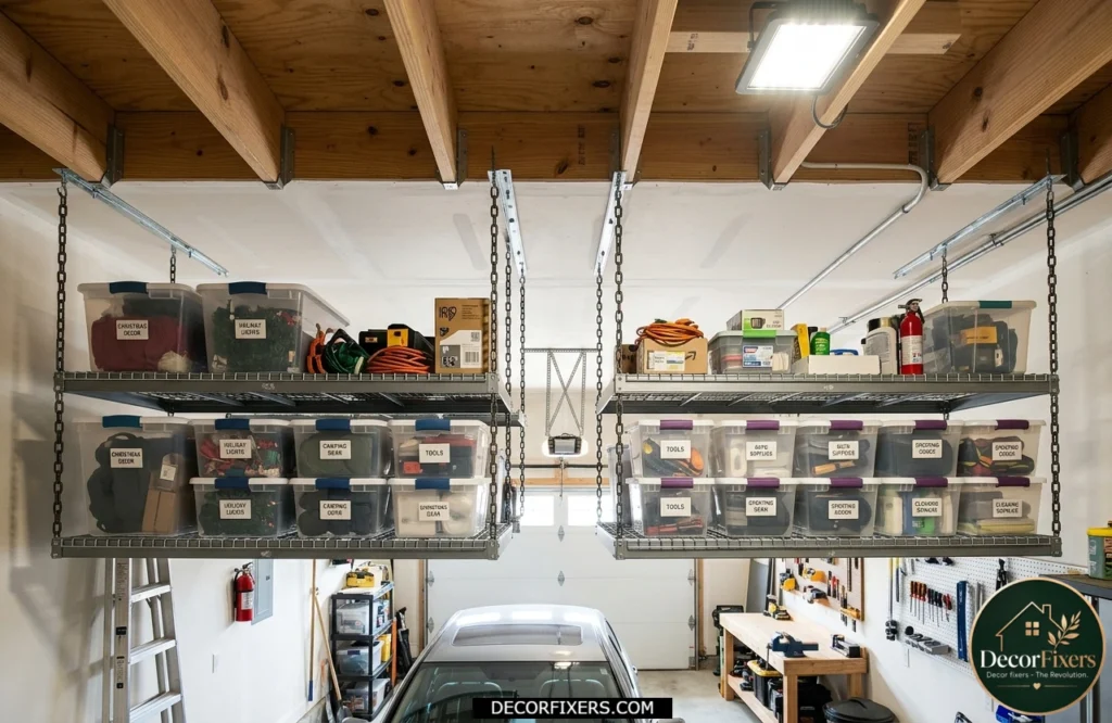 Wire shelving suspended between garage ceiling joists for additional overhead storage.