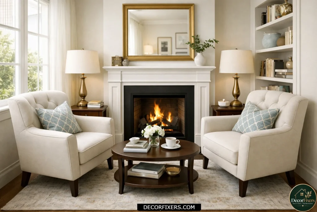 Two matching armchairs arranged symmetrically in a compact living room without a sofa