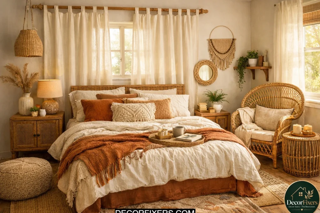 Natural tab top curtains in a cozy boho bedroom design