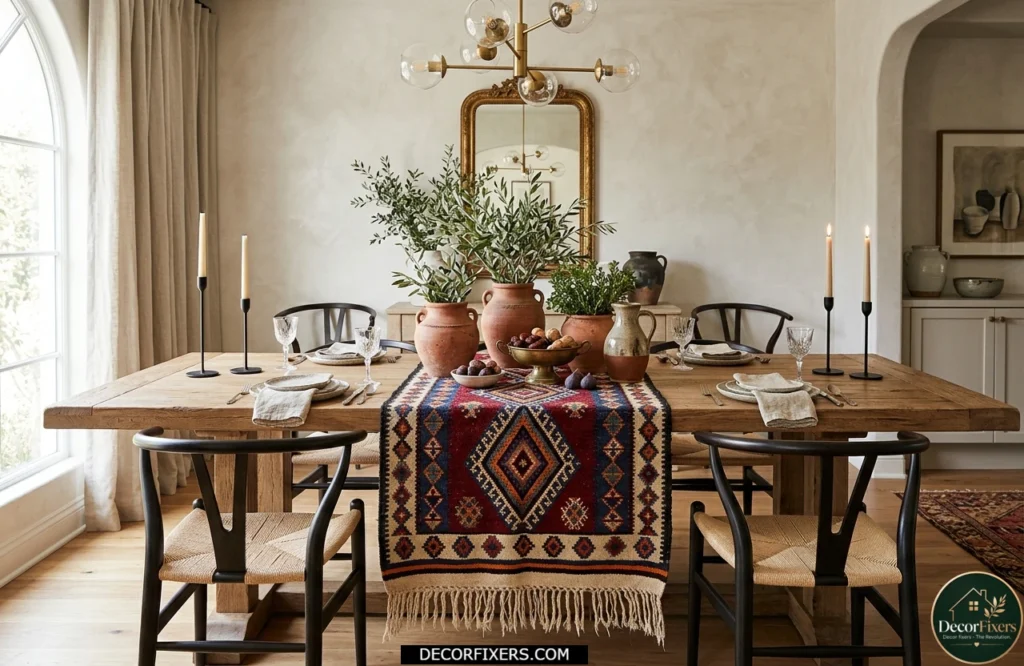 Moroccan table runner styled as a minimalist dining table centerpiece