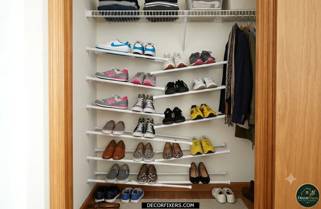 Tension rod shelving used for shoe storage in a closet