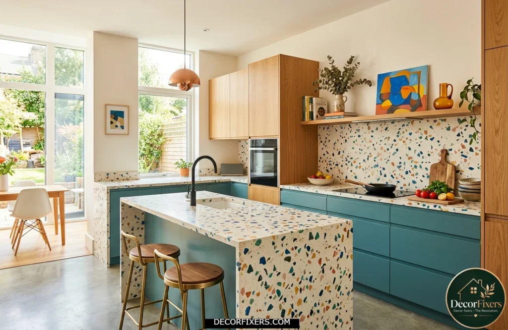 Modern kitchen showcasing terrazzo countertops with colorful stone chip detailing