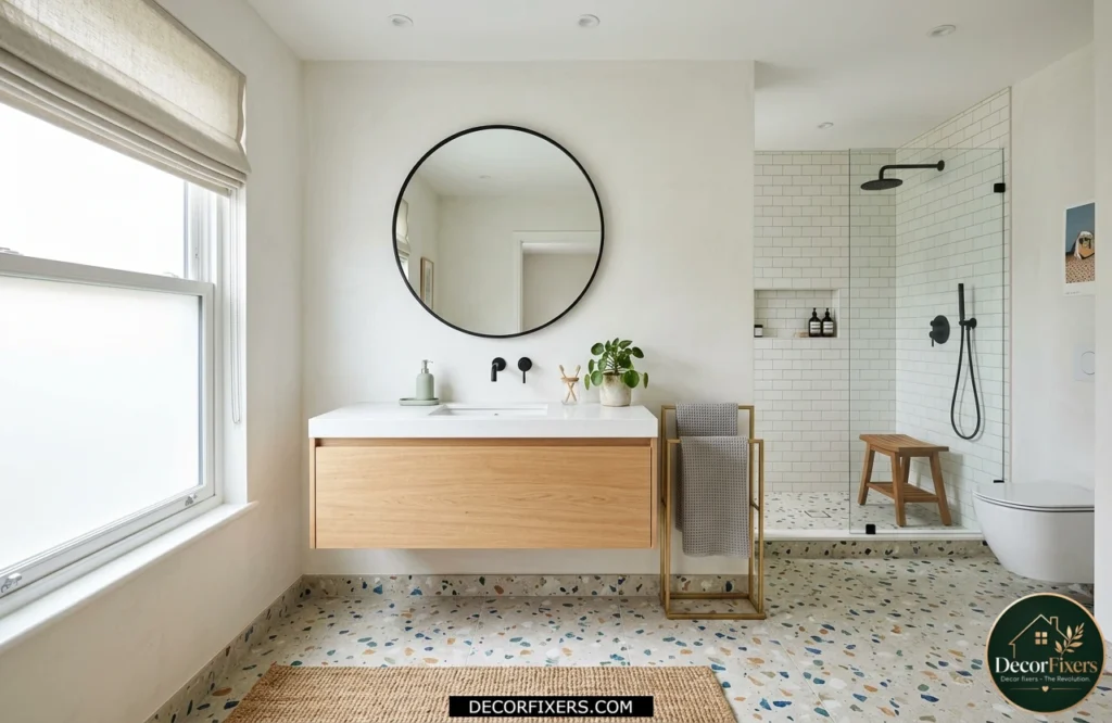 Terrazzo-look porcelain bathroom floor tile with colorful speckled pattern and modern style.