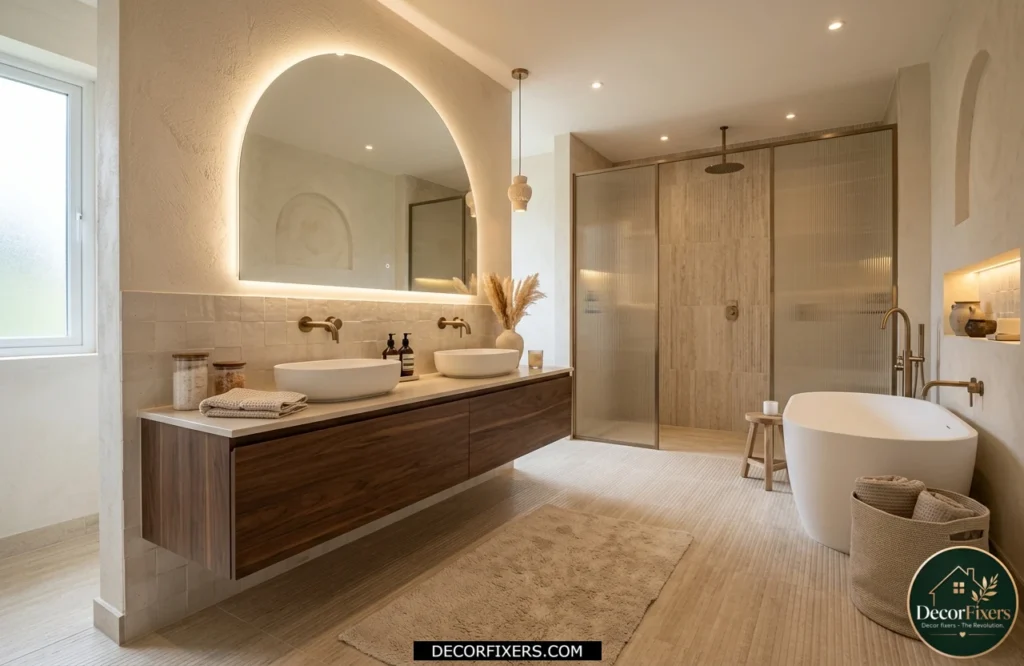 Textured fluted bathroom floor tile adding visual depth and slip-resistant texture.