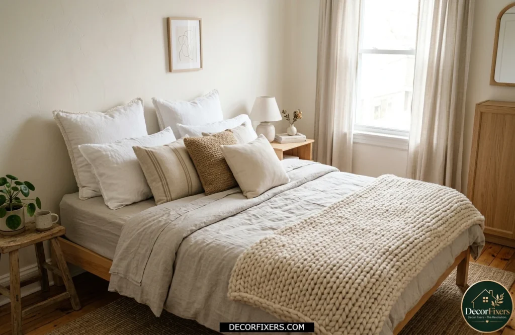 Cozy small bedroom with layered bedding, knit throw, and decorative pillows.