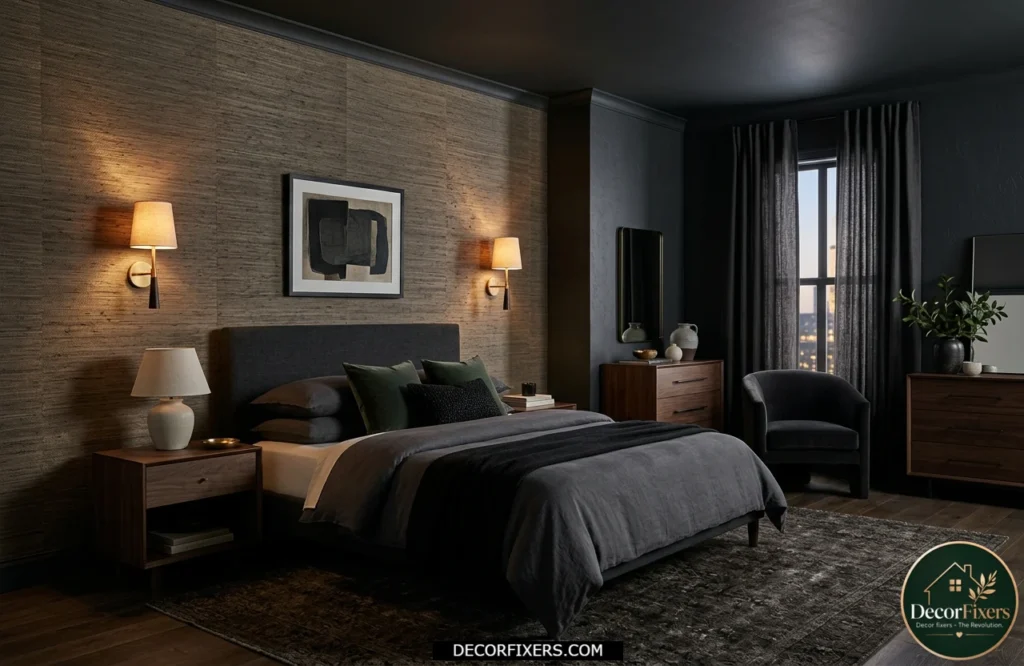 Dark bedroom featuring textured wallpaper, elegant wall sconces, and sophisticated layered lighting