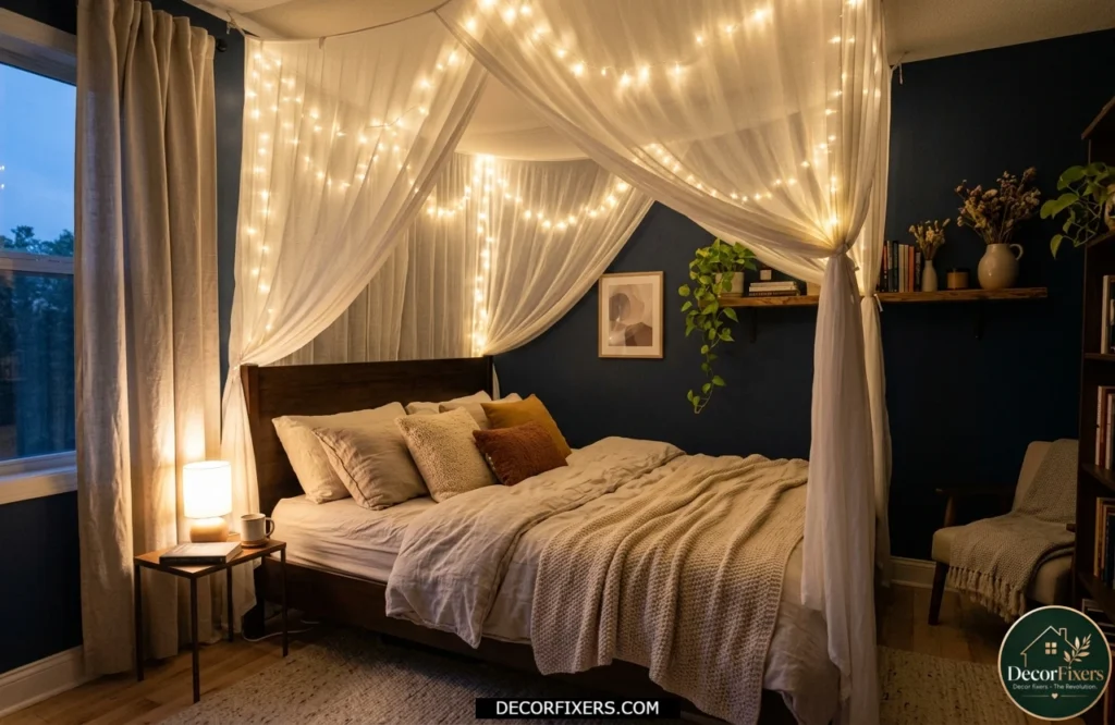 Cozy small bedroom decorated with a simple three-tone color scheme.