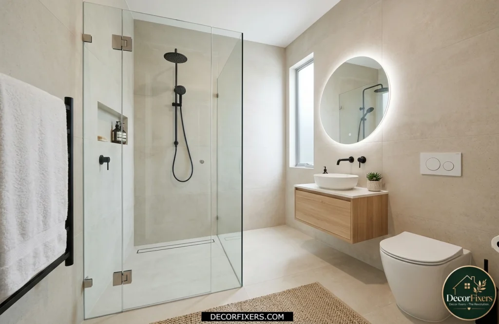 Continuous floor-to-shower bathroom tile design creating a seamless spacious appearance.