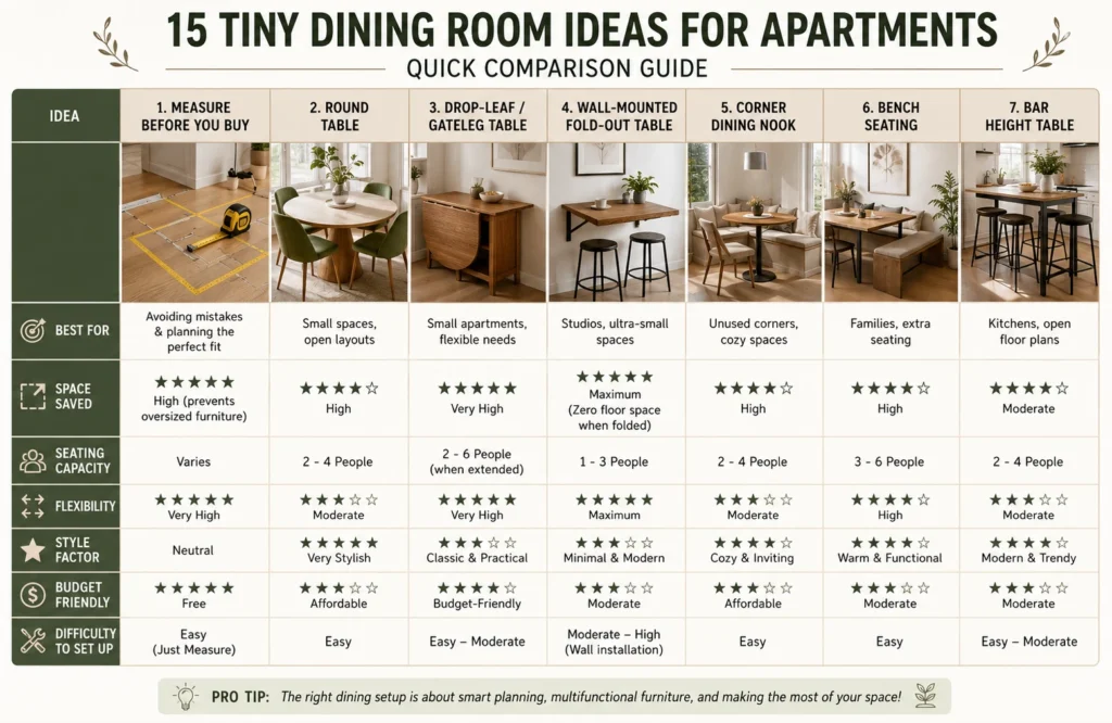 Tiny dining room ideas for apartments Comparison table for a stylish compact dining setup with smart space-saving furniture
