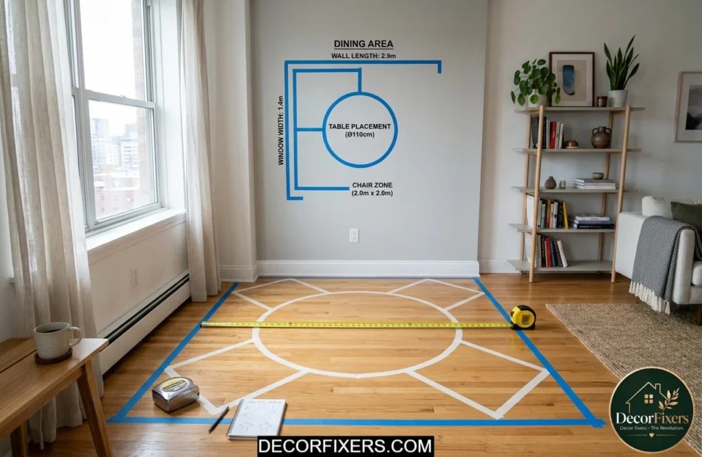 Tiny dining room ideas for apartments showing furniture measurement planning before setup