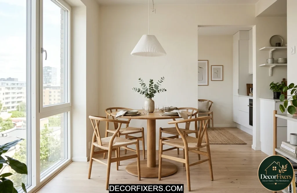Tiny dining room ideas for apartments featuring a space-saving round dining table