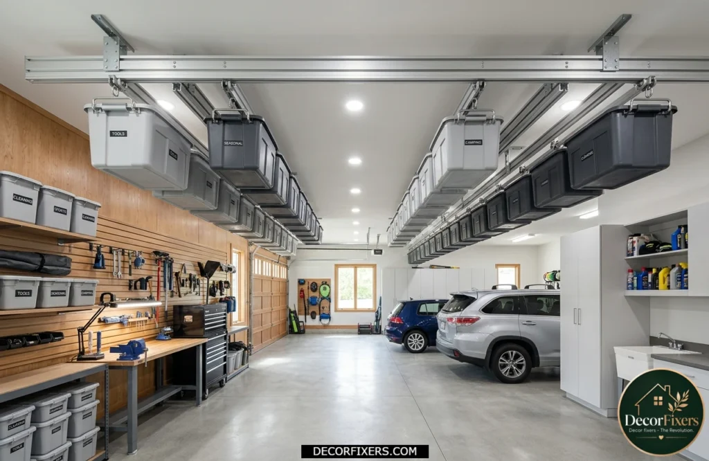 Ceiling-mounted sliding rail storage system with movable bins for easy garage organization.