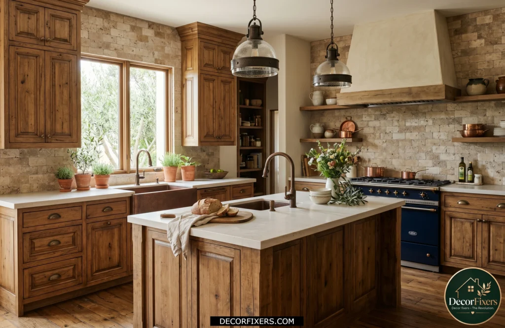 Natural travertine stone backsplash adding rustic warmth and texture to the kitchen.