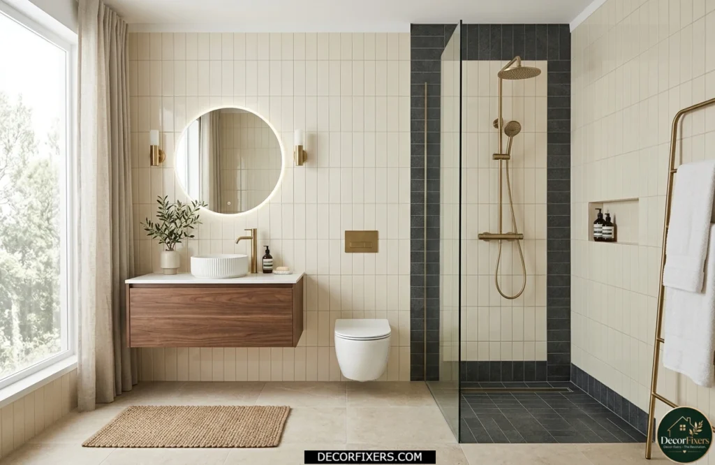 Two-tone bathroom tile design with contrasting shower border