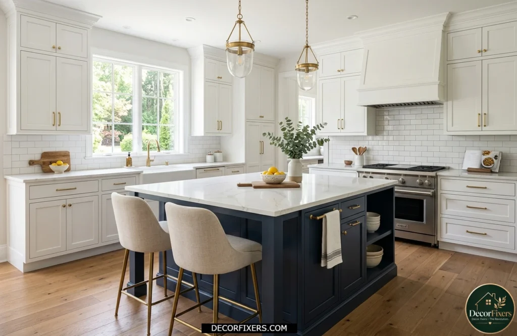 Two-tone kitchen island in navy blue paired with white perimeter cabinets and brass accents.
