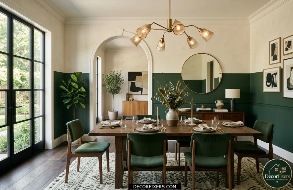 Two-tone dining room wall treatment color idea with green and white contrast