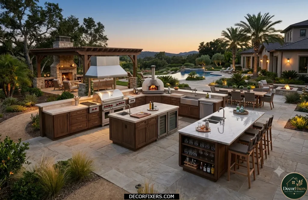 Large U-shaped outdoor kitchen with dual islands