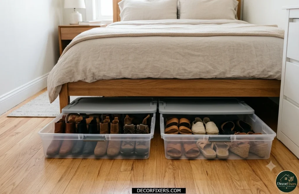Under-bed storage bins used for seasonal shoes