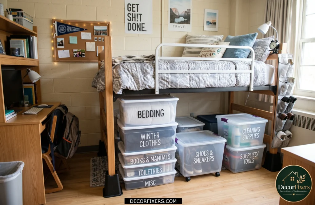 Under-bed storage bins organized beneath a raised dorm bed.
