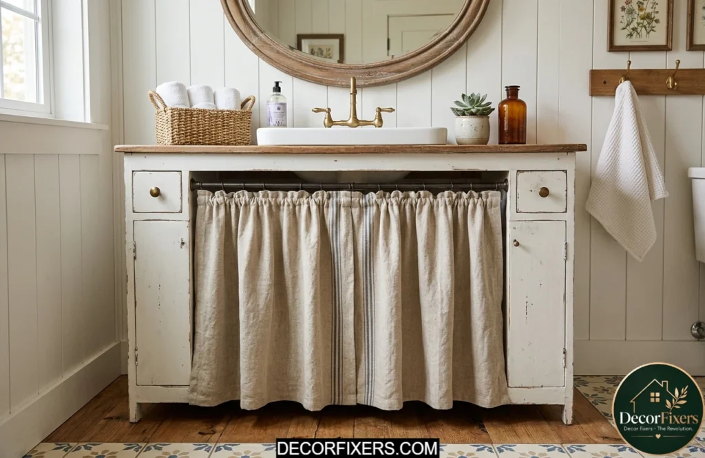 Bathroom vanity featuring a linen under-sink curtain for a cottage-style look