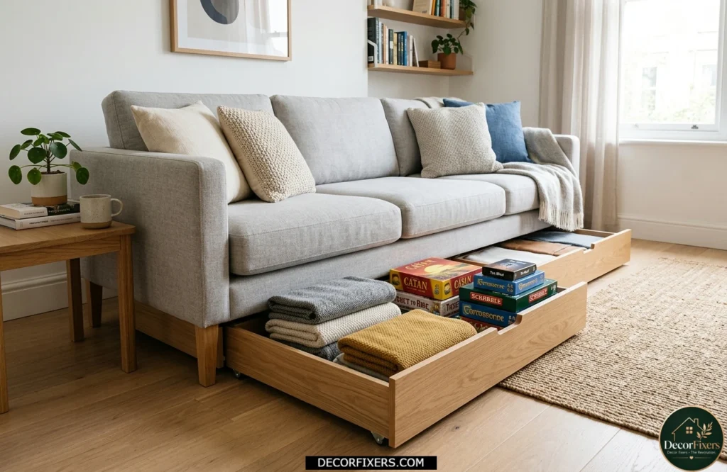 Under-sofa storage drawers hiding blankets, games, and seasonal items
