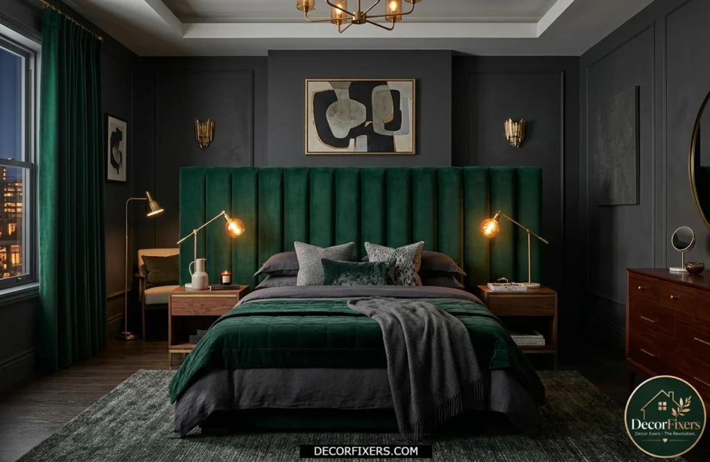 Dark bedroom with emerald velvet headboard, brass accents, and luxurious layered bedding