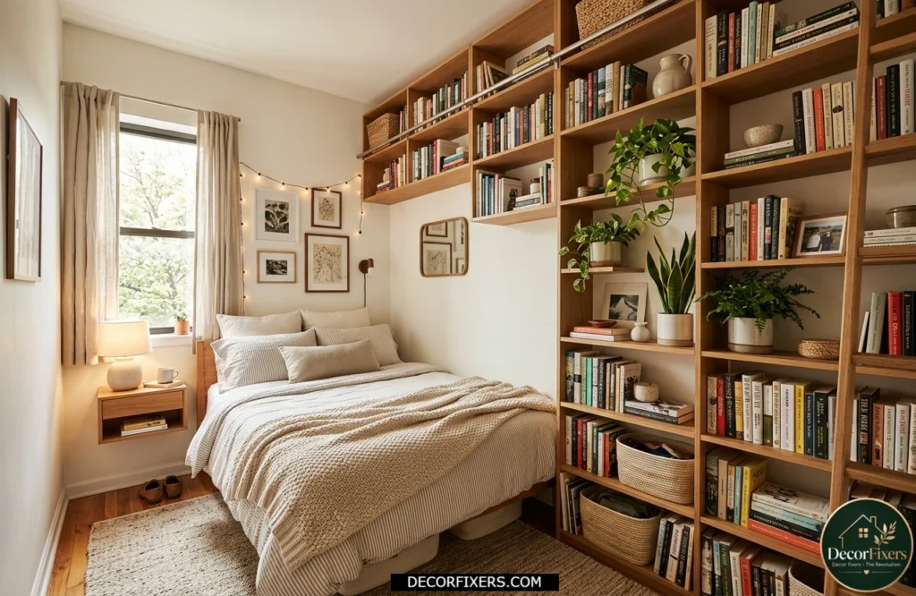 Small bedroom with tall shelving units maximizing vertical storage space.