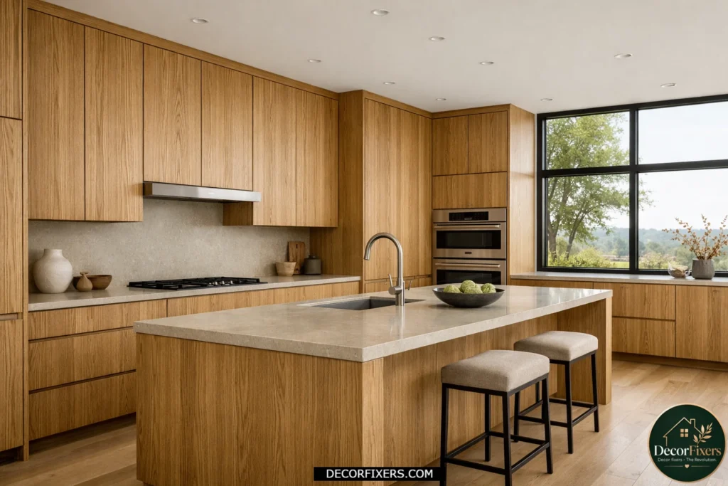 Modern kitchen showcasing vertical grain white oak cabinets