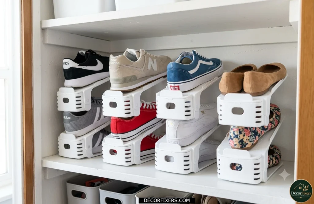 Vertical shoe stacking inserts doubling closet shelf capacity