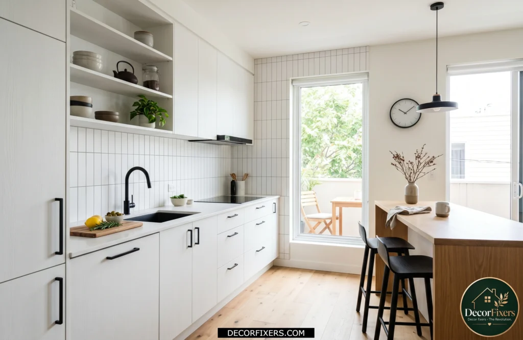 Vertical stacked tile backsplash adding height and a modern look to the kitchen.