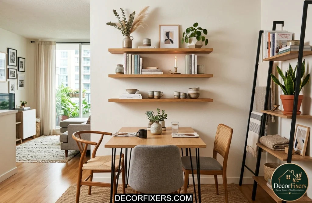 Tiny dining room ideas for apartments featuring wall shelving above the dining table