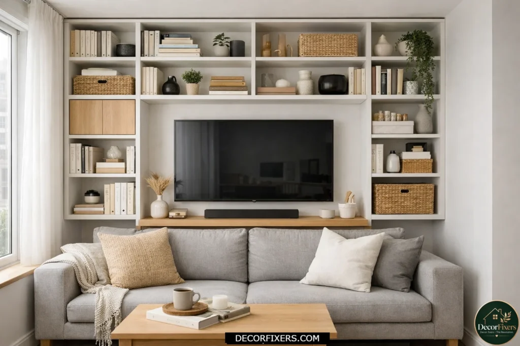 Small living room with floor-to-ceiling shelving maximizing storage without using floor space