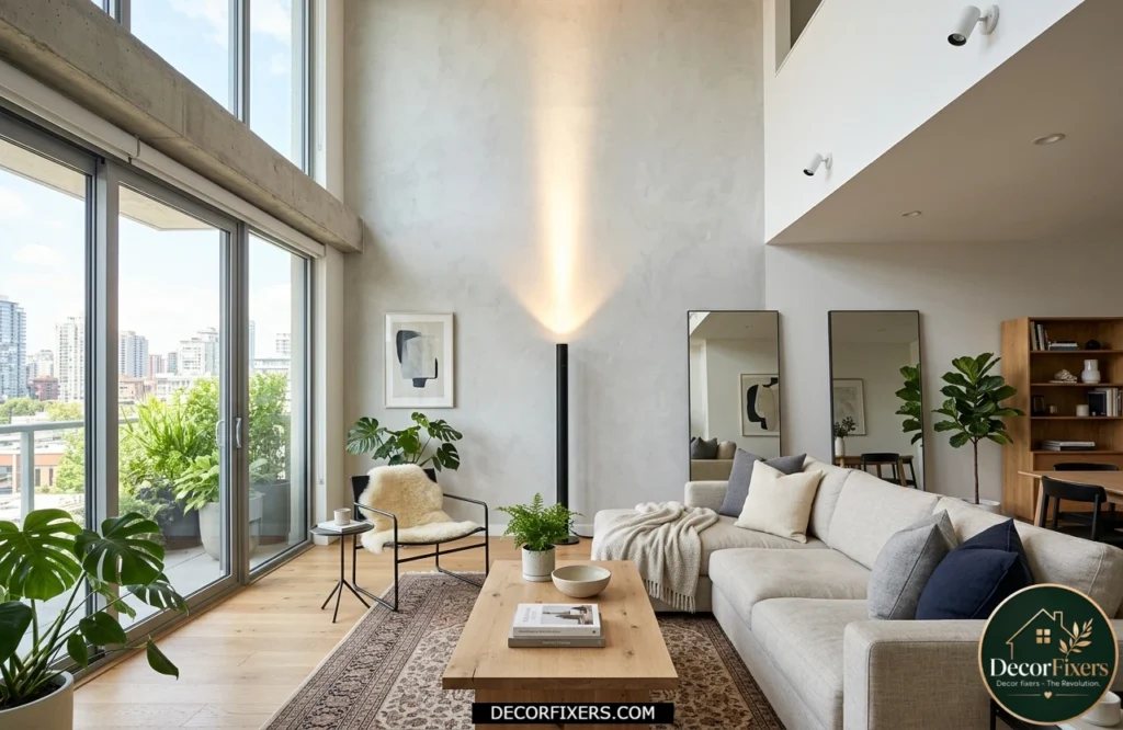 Vertical uplighting making a small living room feel taller.
