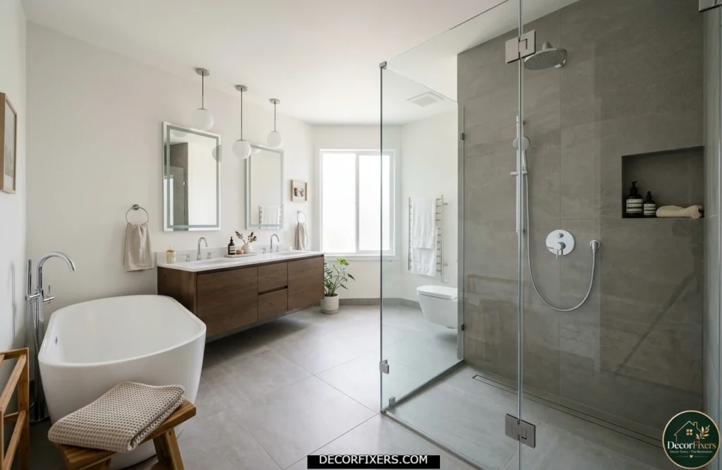 Walk-in shower with large-format tiles designed for resale appeal