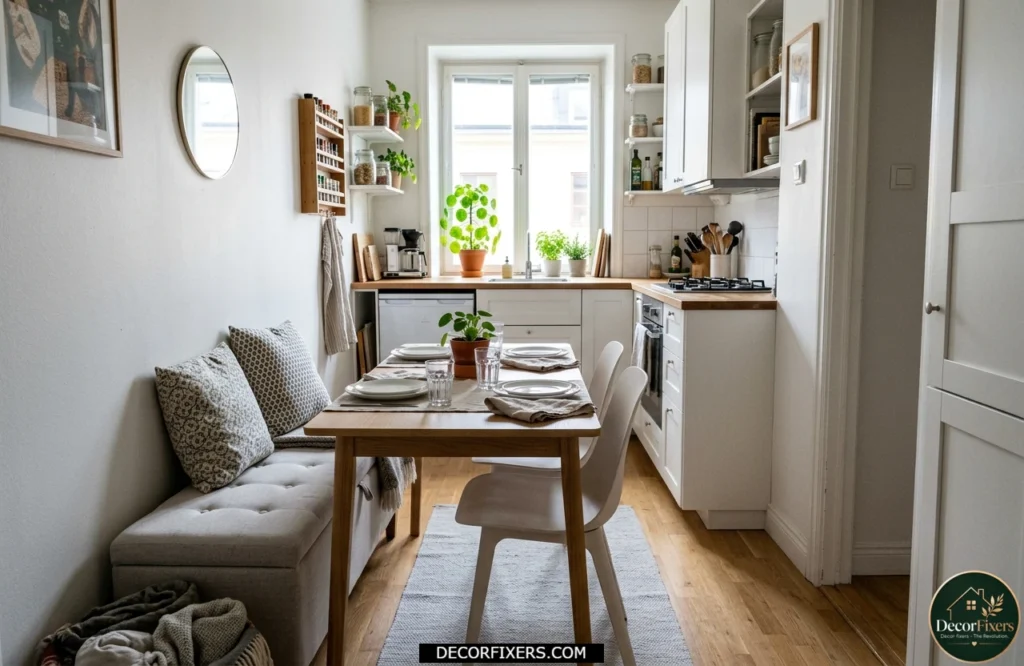 Wall-flush rectangular dining table with bench seating in a narrow dining space