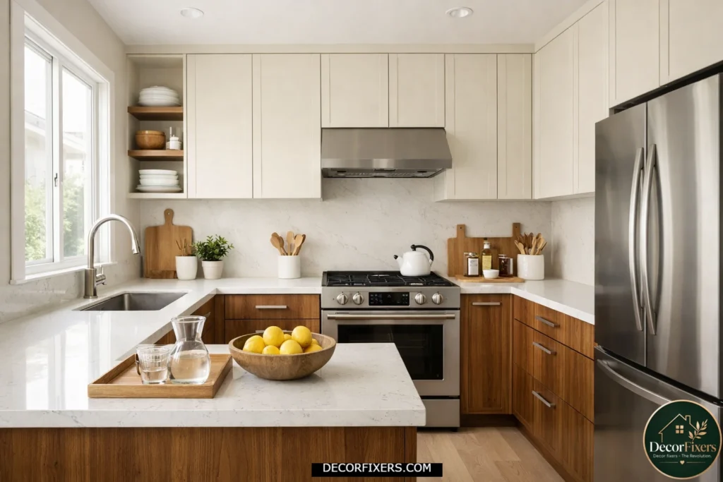 Small kitchen with upper cabinets painted to match wall color